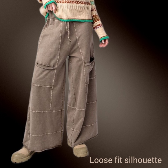 EASEL "Select Comfort" Premium Mineral Washed Wide Leg Pants Raw Hem Seam Detail - Picture 12 of 16